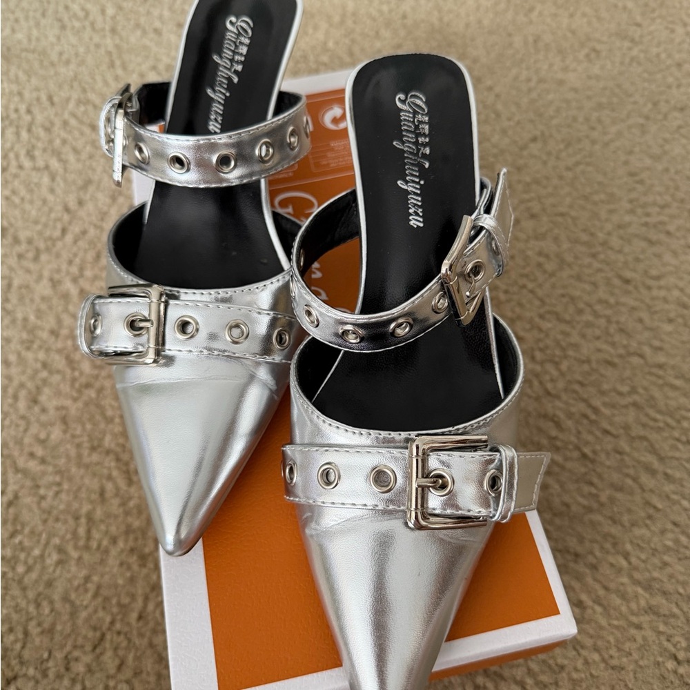 SHEIN Metallic Silver Pointed Buckle Mules